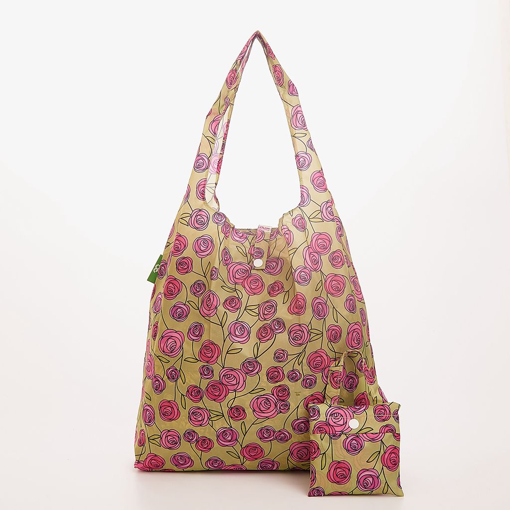 Opvouwbare shopper - groen met roze bloemen